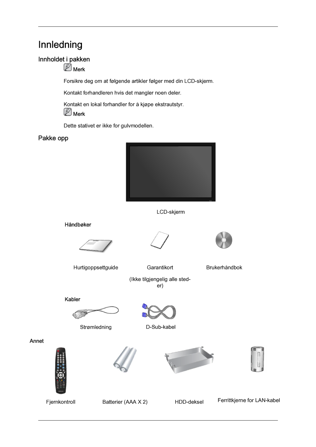 Samsung LH40MGQLBC/EN, LH40MGULBC/EN, LH46MGQLBC/EN, LH46MGULBC/EN Innholdet i pakken, Pakke opp, Håndbøker, Kabler, Annet 