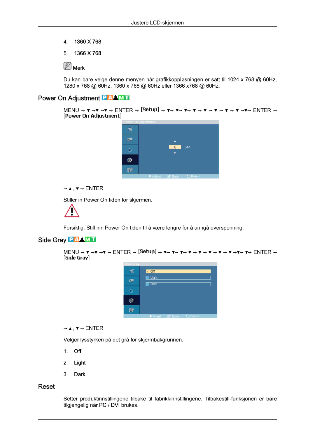 Samsung LH46MGQLBC/EN, LH40MGULBC/EN manual Power On Adjustment, Side Gray, Reset, 1360 X 1366 X Merk, Off Light Dark 