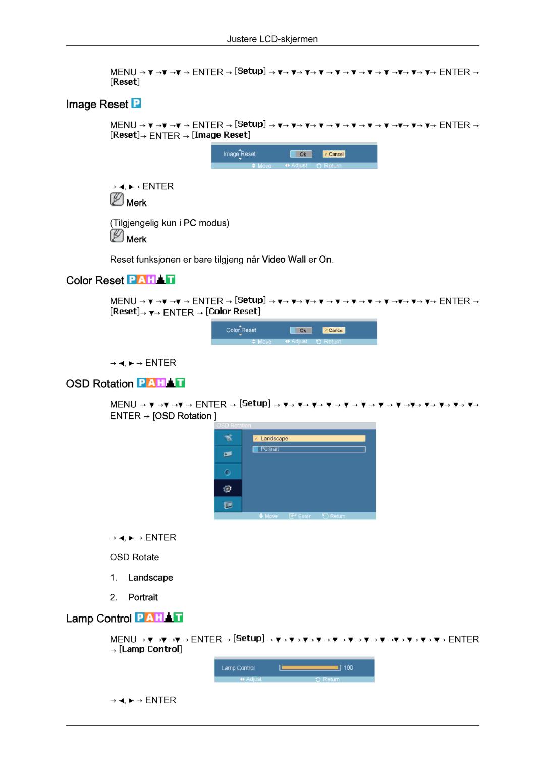 Samsung LH46MGULBC/EN, LH40MGULBC/EN manual Image Reset, Color Reset, OSD Rotation, Lamp Control, Landscape Portrait 