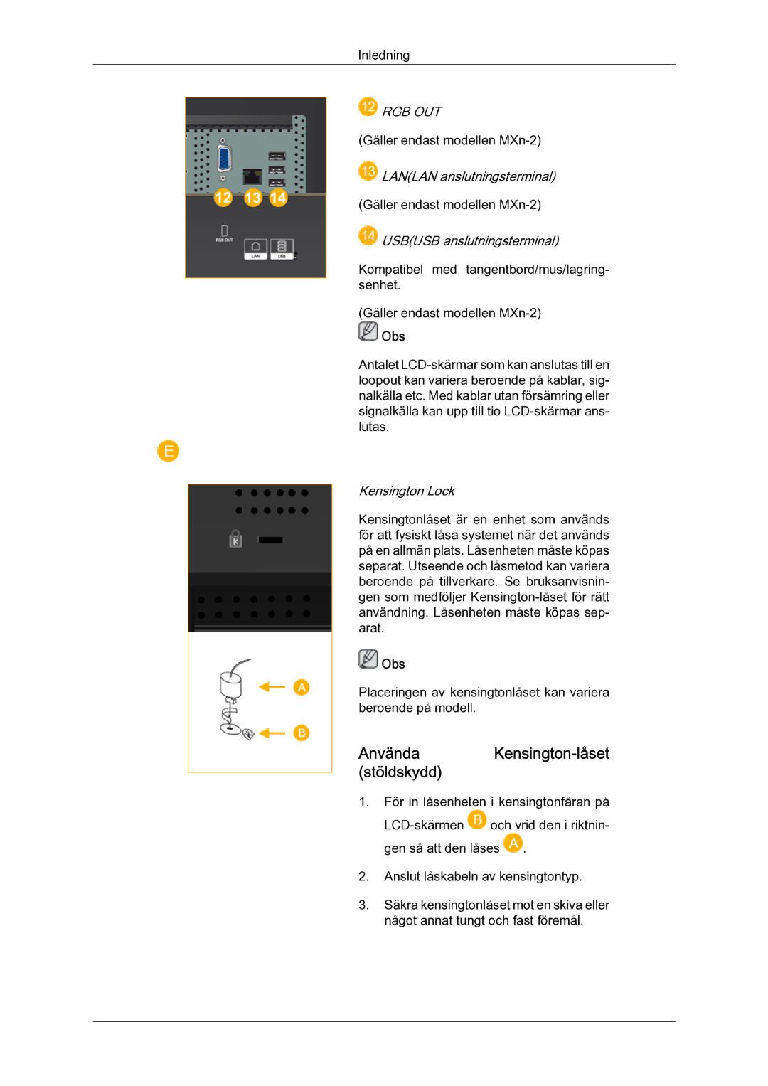 Samsung LH46MGULBC/EN, LH40MGULBC/EN, LH40MGQLBC/EN, LH46MGQLBC/EN manual Använda Kensington-låset stöldskydd, Rgb Out 