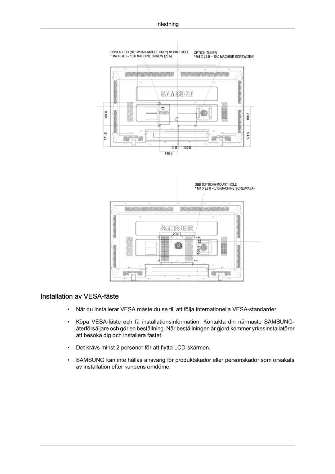 Samsung LH46MGQLBC/EN, LH40MGULBC/EN, LH40MGQLBC/EN, LH46MGULBC/EN manual Installation av VESA-fäste 