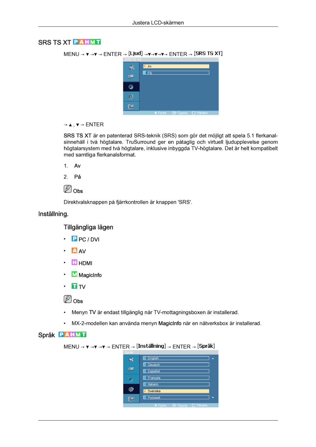 Samsung LH40MGULBC/EN, LH40MGQLBC/EN, LH46MGQLBC/EN, LH46MGULBC/EN manual Inställning Tillgängliga lägen, Språk 