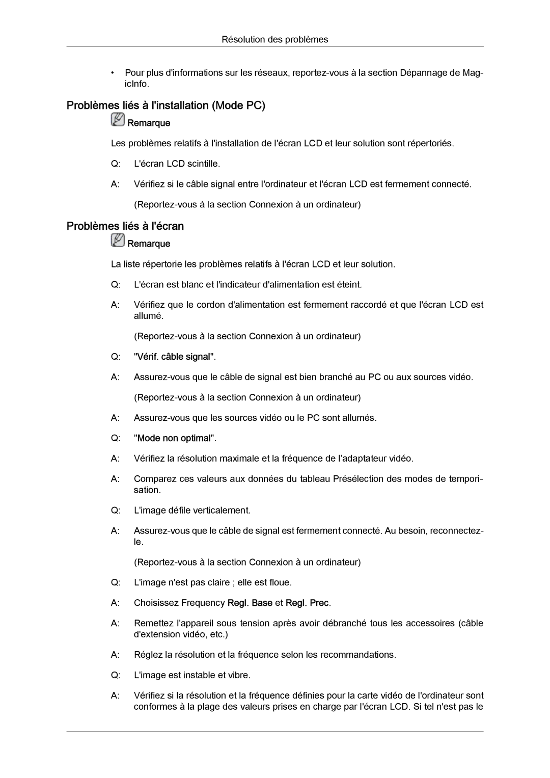 Samsung LH46MGQPBC/EN, LH40MGULBC/EN Problèmes liés à linstallation Mode PC, Problèmes liés à lécran, Vérif. câble signal 