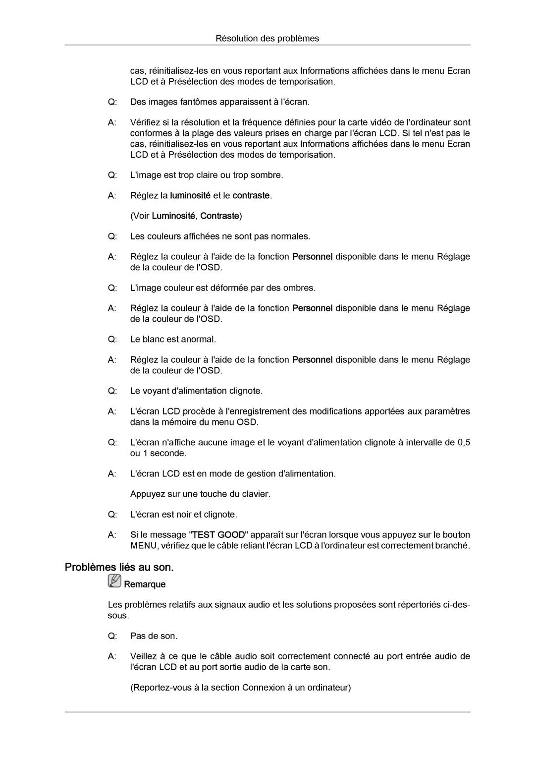 Samsung LH40MGQLBC/EN, LH40MGULBC/EN, LH46MGQPBC/EN, LH46MGQLBC/EN, LH40MGQPBC/EN, LH46MGULBC/EN manual Problèmes liés au son 