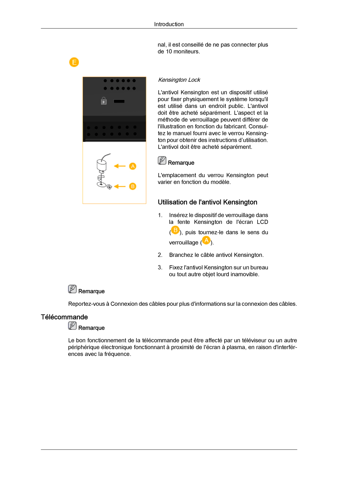 Samsung LH46MGQPBC/EN, LH40MGULBC/EN, LH40MGQLBC/EN manual Utilisation de lantivol Kensington, Télécommande, Kensington Lock 