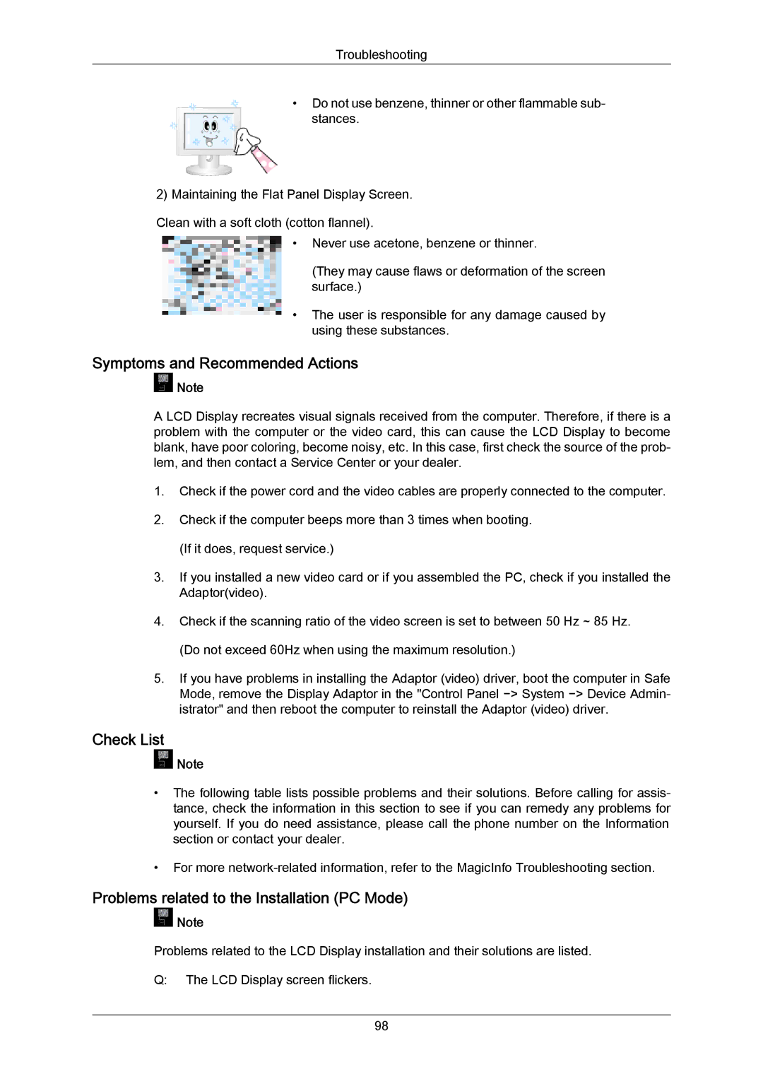 Samsung LH40LBPLBC/ZA manual Symptoms and Recommended Actions, Check List, Problems related to the Installation PC Mode 