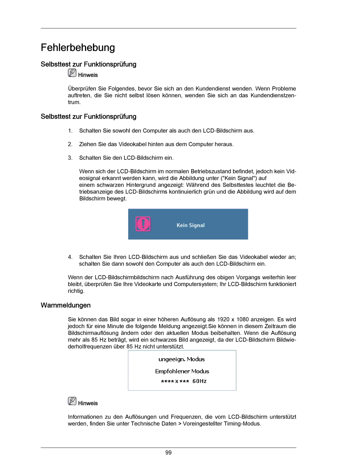 Samsung LH46BVTLBC/EN, LH40MGUMBC/EN, LH46BVTMBC/EN, LH40MGULBC/EN manual Selbsttest zur Funktionsprüfung, Warnmeldungen 