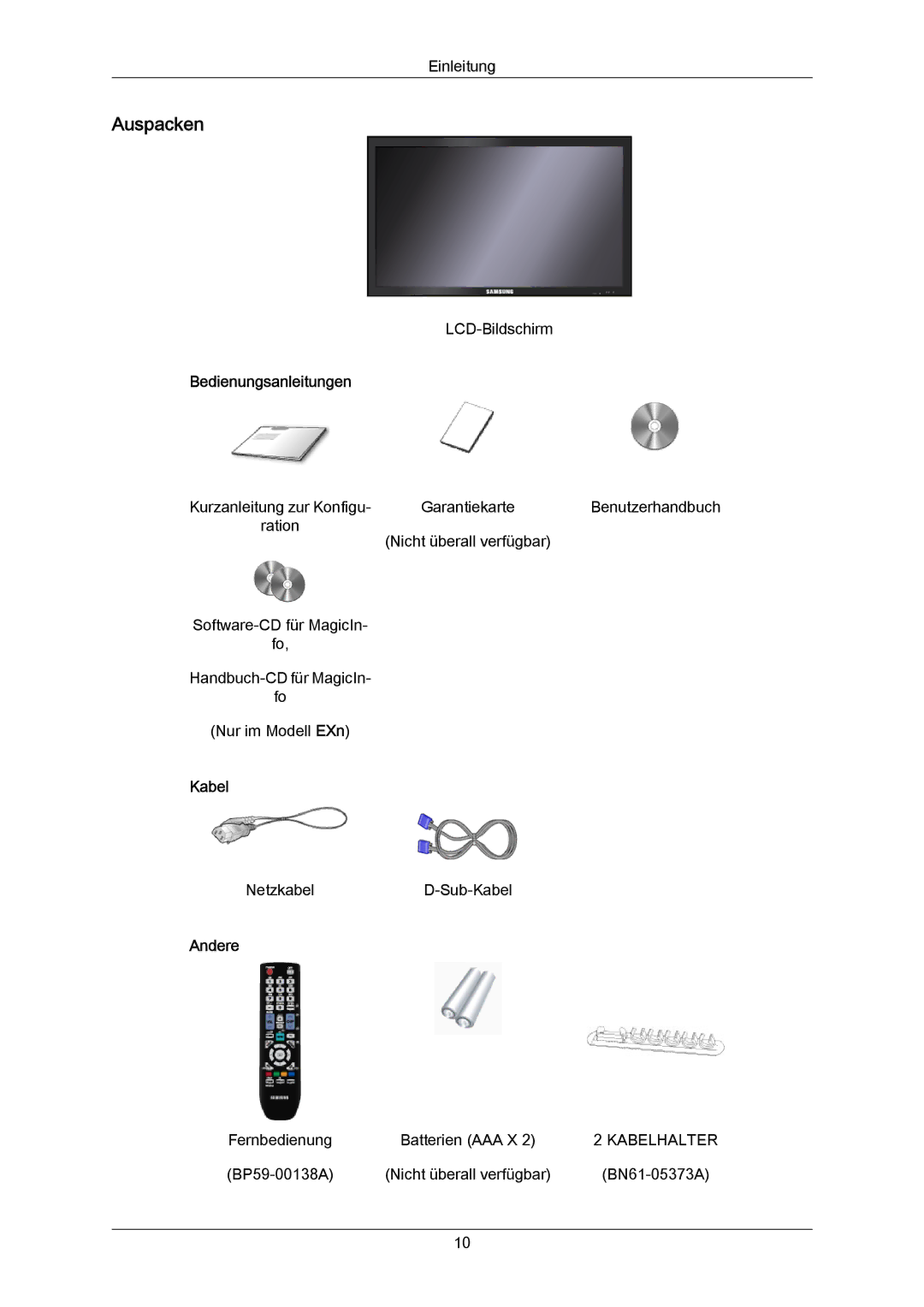 Samsung LH40LBTLBC/EN, LH40MGUMBC/EN, LH46BVTMBC/EN, LH40MGULBC/EN manual Auspacken, Bedienungsanleitungen, Kabel, Andere 