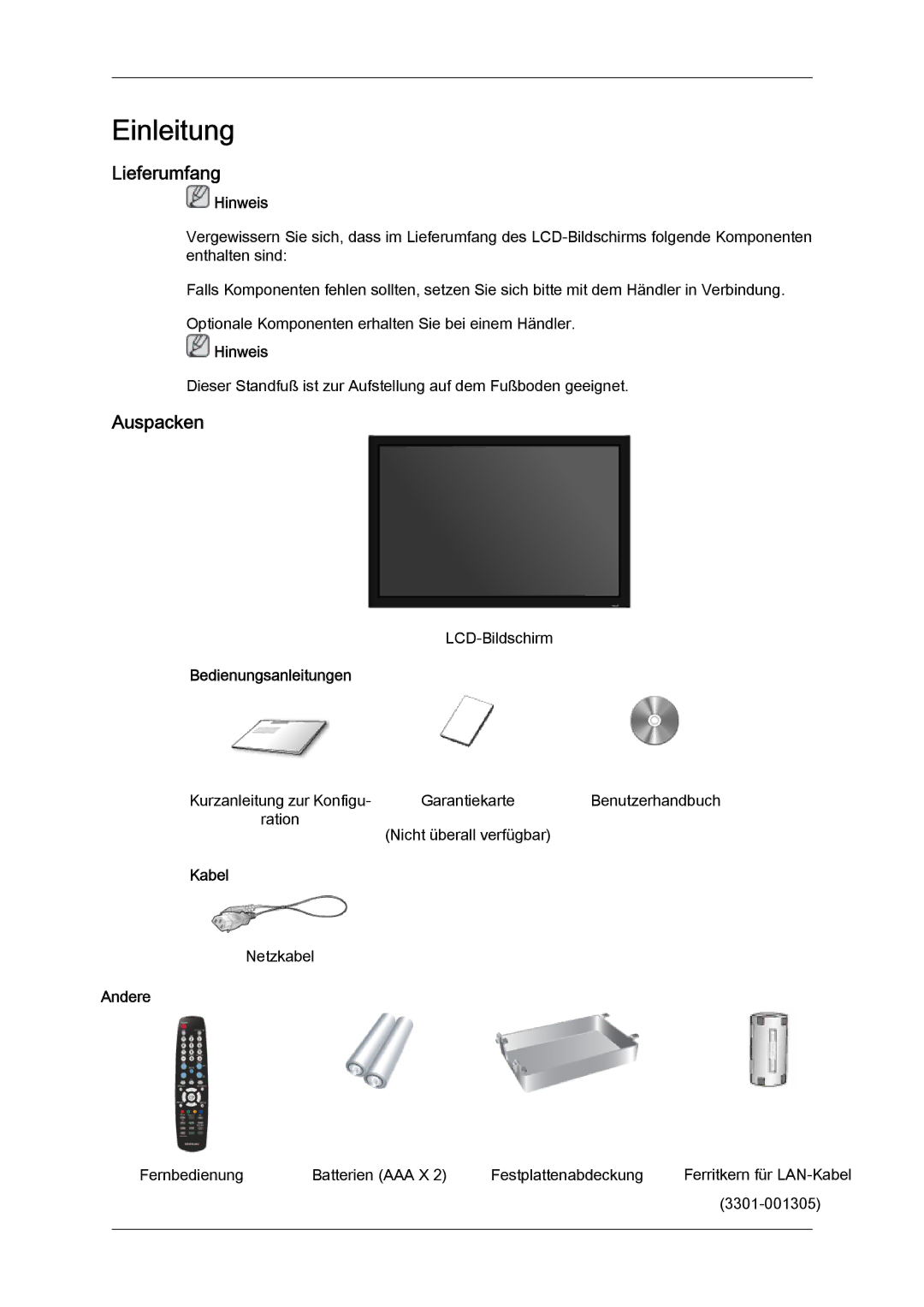 Samsung LH46MGQLBC/EN, LH40MGUMBC/EN, LH46MGUMBC/EN manual Lieferumfang, Auspacken, Bedienungsanleitungen, Kabel, Andere 