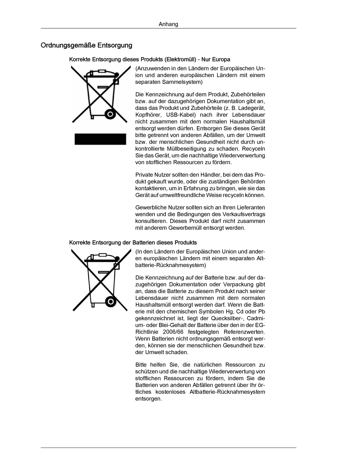 Samsung LH40MGULBC/EN, LH40MGUMBC/EN Ordnungsgemäße Entsorgung, Korrekte Entsorgung dieses Produkts Elektromüll Nur Europa 