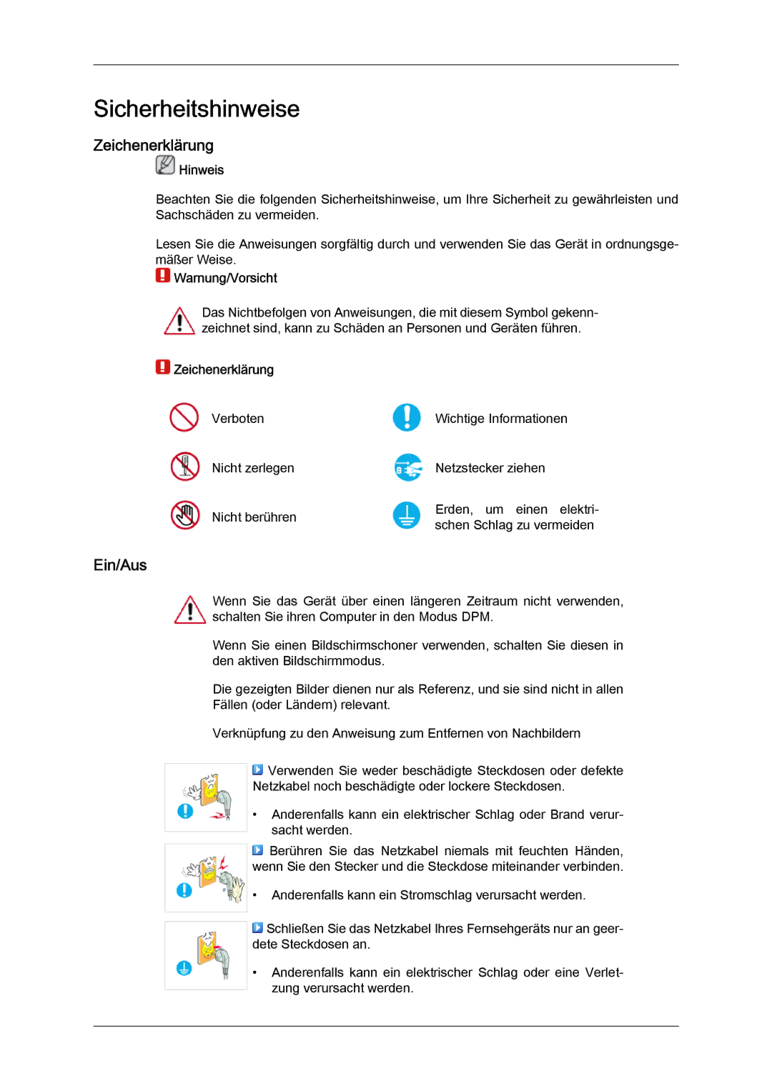 Samsung LH40MGULBC/EN, LH40MGUMBC/EN, LH46MGUMBC/EN, LH40MGQLBC/EN manual Zeichenerklärung, Ein/Aus, Hinweis, Warnung/Vorsicht 