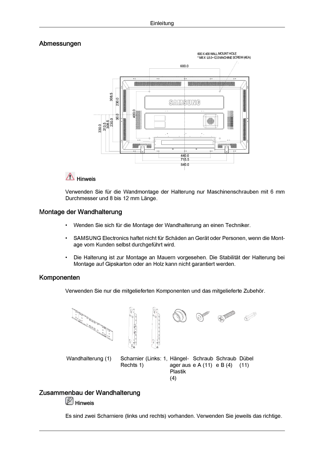 Samsung LH40MGQLBC/EN, LH40MGUMBC/EN, LH46MGUMBC/EN, LH40MGULBC/EN, LH46MGQLBC/EN, LH46MGULBC/EN manual Abmessungen 