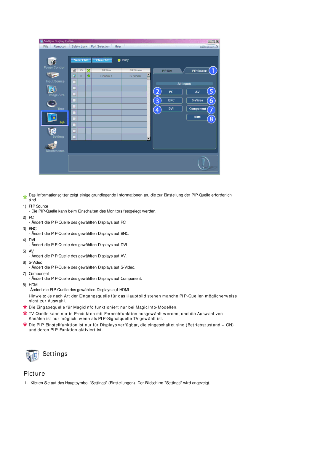 Samsung LH40MGQLBC/EN, LH40MGUMBC/EN, LH46MGUMBC/EN, LH40MGULBC/EN, LH46MGQLBC/EN, LH46MGULBC/EN manual Settings Picture 