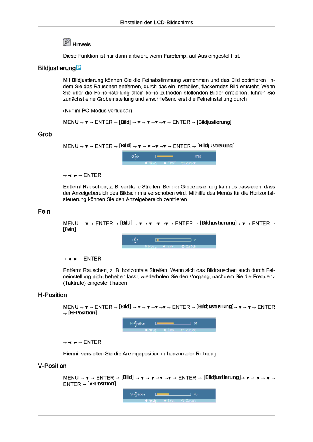 Samsung LH46MGULBC/EN, LH40MGUMBC/EN, LH46MGUMBC/EN, LH40MGULBC/EN, LH40MGQLBC/EN manual Bildjustierung, Grob, Fein, Position 