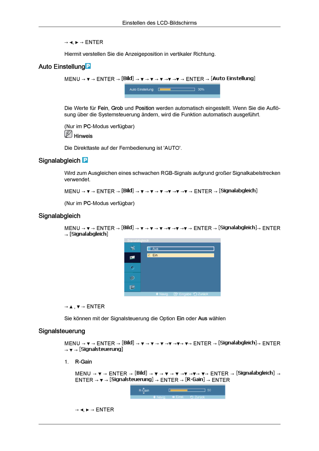 Samsung LH40MGUMBC/EN, LH46MGUMBC/EN, LH40MGULBC/EN, LH40MGQLBC/EN Auto Einstellung, Signalabgleich, Signalsteuerung, Gain 