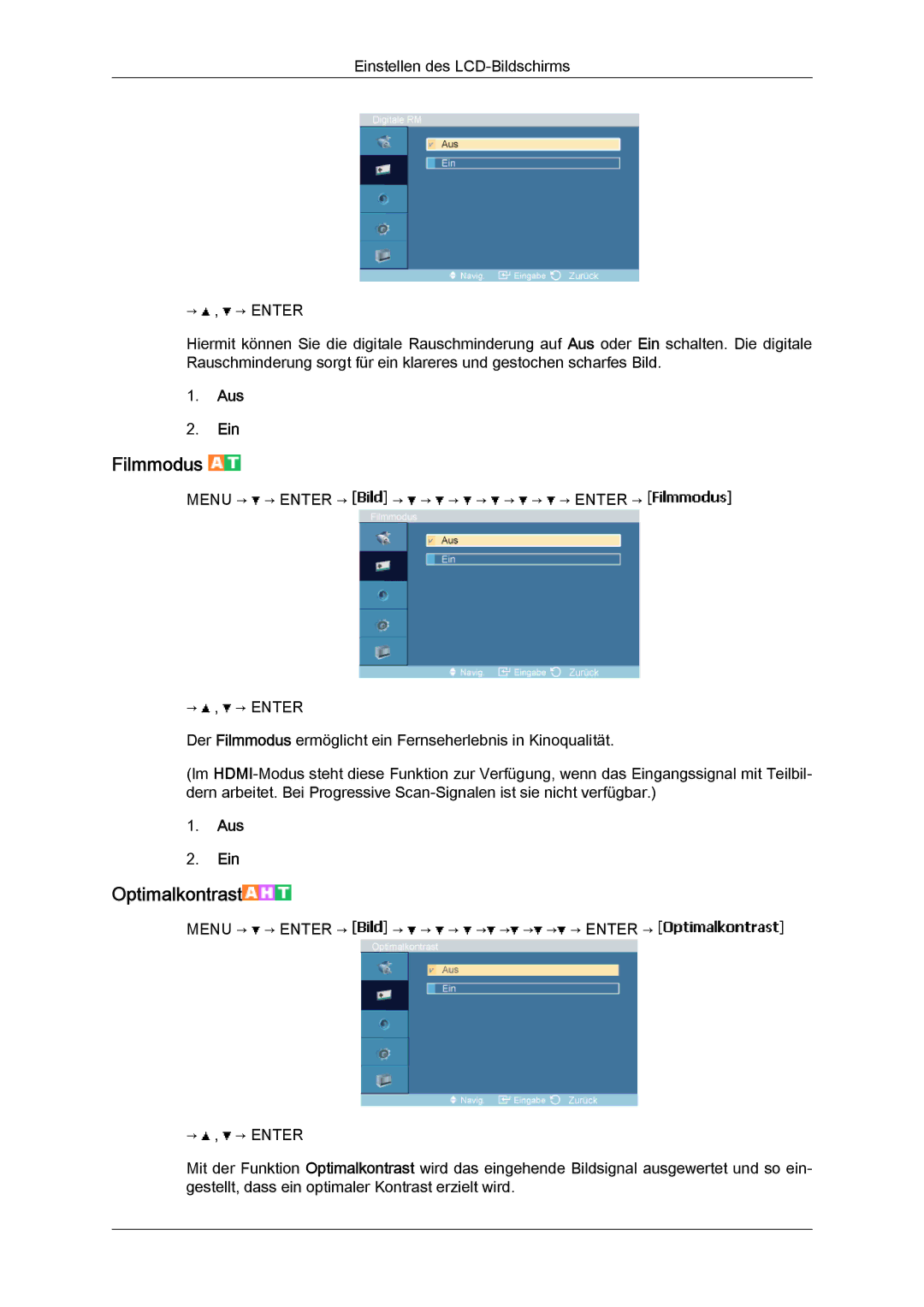 Samsung LH40MGUMBC/EN, LH46MGUMBC/EN, LH40MGULBC/EN, LH40MGQLBC/EN, LH46MGQLBC/EN, LH46MGULBC/EN manual Filmmodus, Aus Ein 