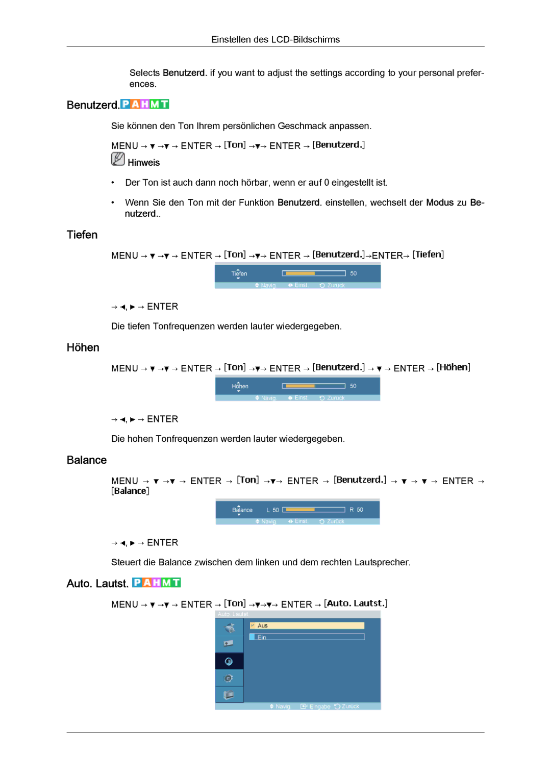 Samsung LH40MGULBC/EN, LH40MGUMBC/EN, LH46MGUMBC/EN, LH40MGQLBC/EN, LH46MGQLBC/EN manual Tiefen, Höhen, Balance, Auto. Lautst 