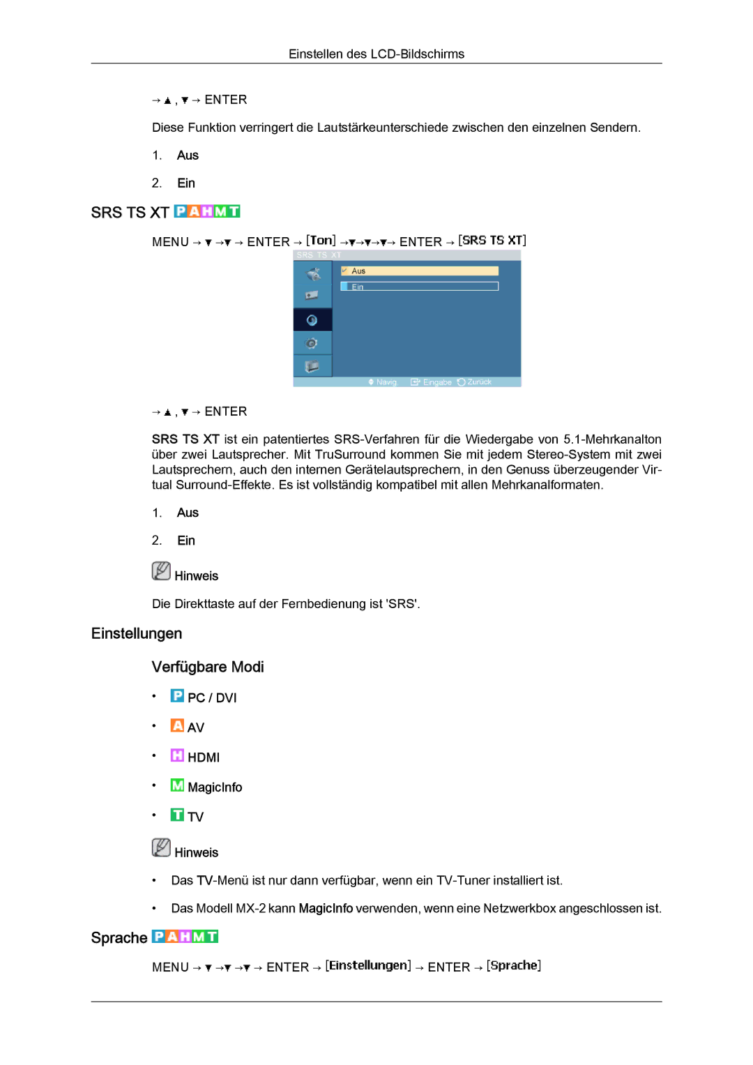 Samsung LH40MGQLBC/EN, LH40MGUMBC/EN, LH46MGUMBC/EN, LH40MGULBC/EN Einstellungen Verfügbare Modi, Sprache, Aus Ein Hinweis 