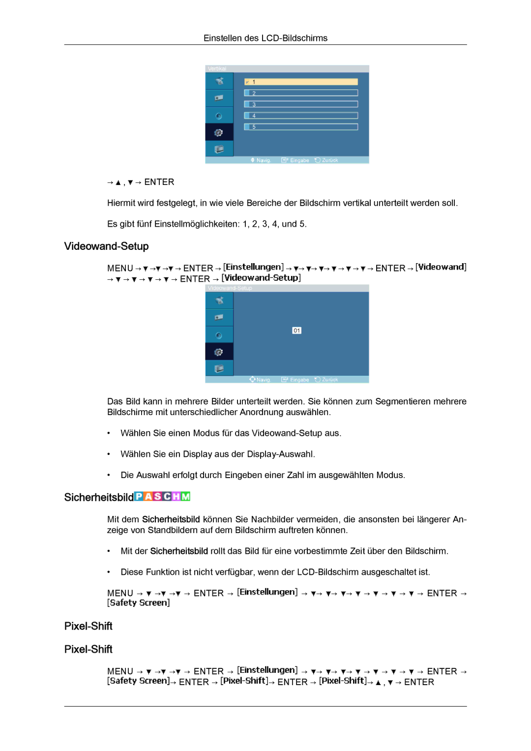 Samsung LH40MGQLBC/EN, LH40MGUMBC/EN, LH46MGUMBC/EN, LH40MGULBC/EN manual Videowand-Setup, Sicherheitsbild, Pixel-Shift 