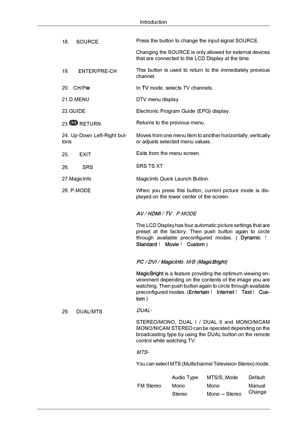 Samsung LH40MGQLBC/ZB, LH40MGUMBC/EN, LH46MGUMBC/EN manual AV / Hdmi / TV P.MODE, Standard → Movie → Custom, Tom, Dual, Mts 