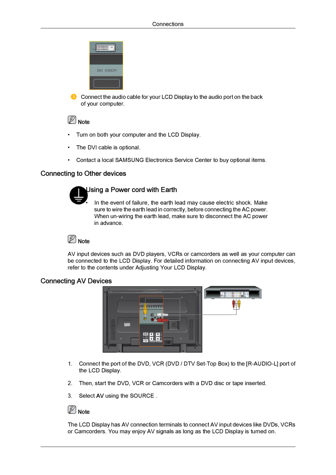 Samsung LH46MGULBC/ZB, LH40MGUMBC/EN manual Connecting to Other devices Using a Power cord with Earth, Connecting AV Devices 