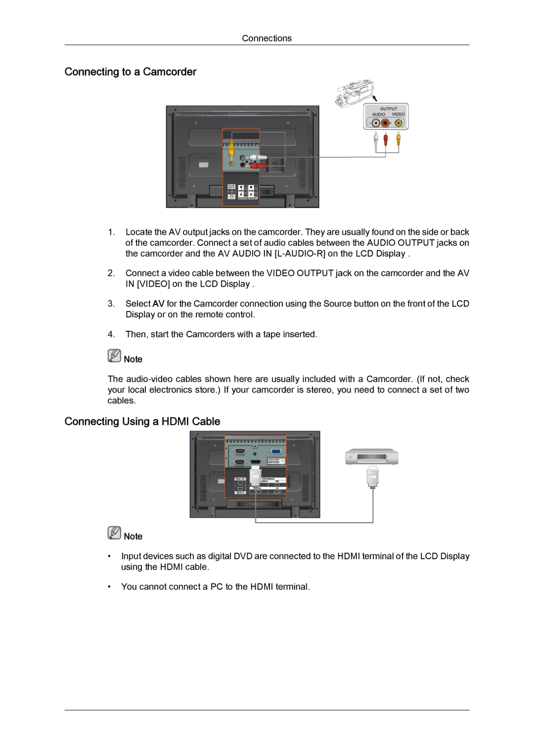 Samsung LH40MGULBC/XY, LH40MGUMBC/EN, LH46MGUMBC/EN, LH40MGULBC/EN Connecting to a Camcorder, Connecting Using a Hdmi Cable 