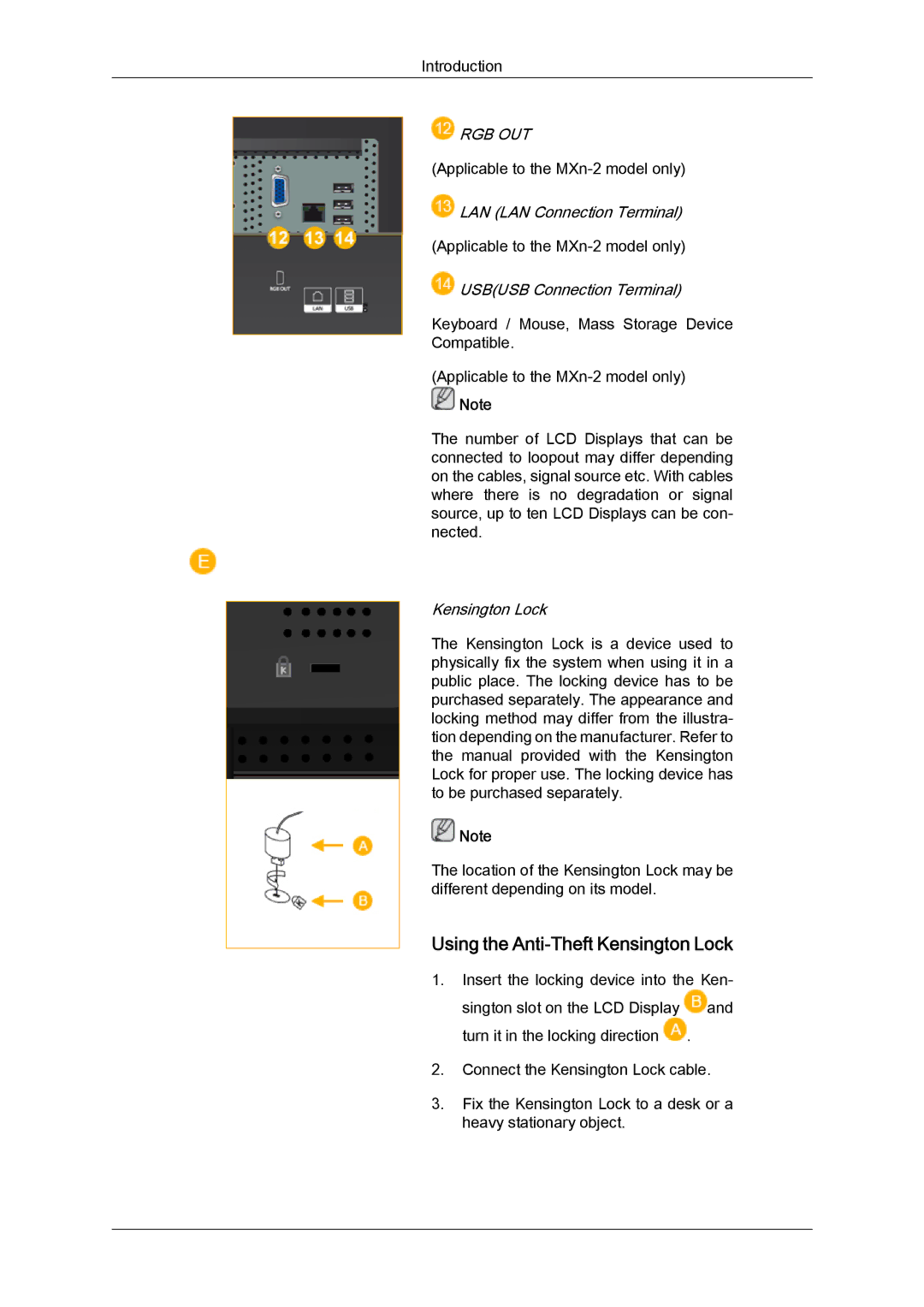 Samsung LH46MGULBC/EN, LH40MGUMBC/EN manual Using the Anti-Theft Kensington Lock, Rgb Out, LAN LAN Connection Terminal 