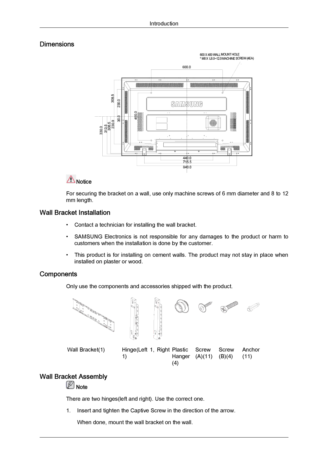 Samsung LH40MGQPBC/EN, LH40MGUMBC/EN, LH46MGUMBC/EN, LH40MGULBC/EN, LH46MGQPBC/EN, LH40MGQLBC/EN, LH46MGQLBC/EN manual Dimensions 