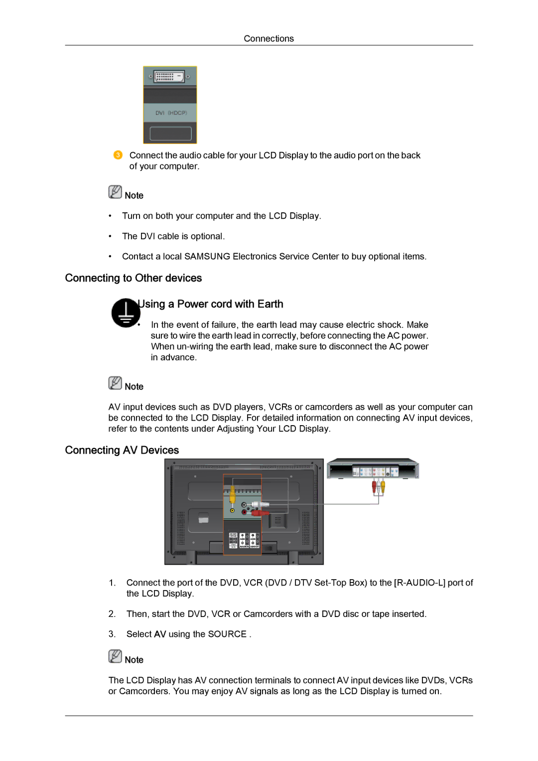 Samsung LH46MGQLBC/XY, LH40MGUMBC/EN manual Connecting to Other devices Using a Power cord with Earth, Connecting AV Devices 