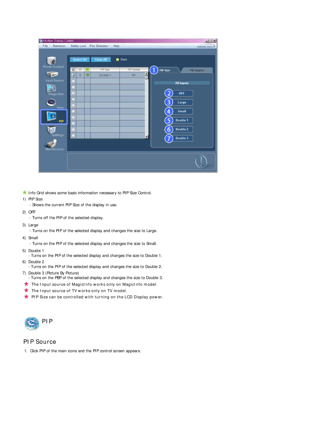 Samsung LH40MGULBC/XY, LH40MGUMBC/EN, LH46MGUMBC/EN, LH40MGULBC/EN, LH46MGQPBC/EN, LH40MGQLBC/EN, LH46MGQLBC/EN manual PIP Source 