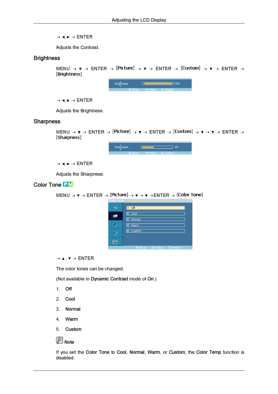 Samsung LH46MGULBC/EN, LH40MGUMBC/EN manual Brightness, Sharpness, Color Tone, Menu → → Enter → → → Enter → → → → Enter → 