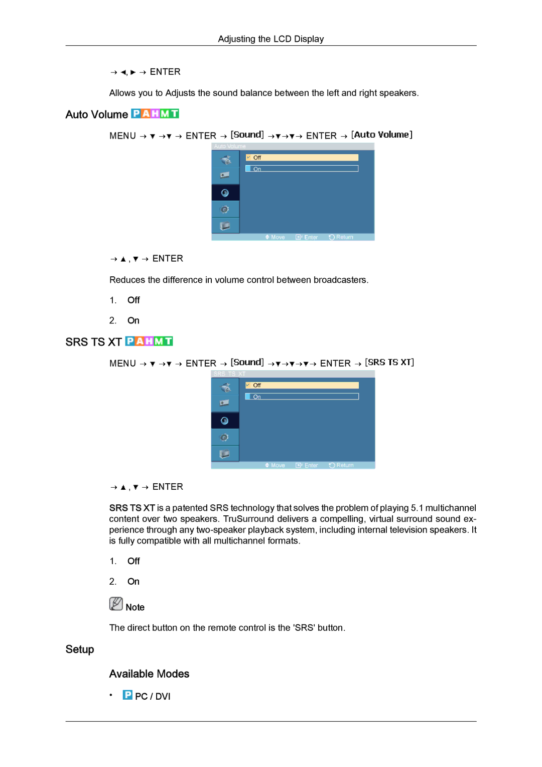 Samsung LH46MGQLBC/XT, LH40MGUMBC/EN, LH46MGUMBC/EN, LH40MGULBC/EN, LH46MGQPBC/EN manual Auto Volume, Setup Available Modes 