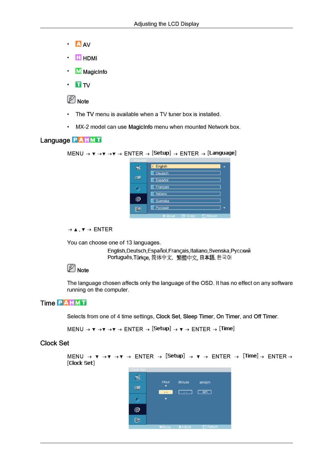 Samsung LH40MGUMBC/EN, LH46MGUMBC/EN, LH40MGULBC/EN manual Language, Time, Clock Set, Menu → → → → Enter → → → Enter → 