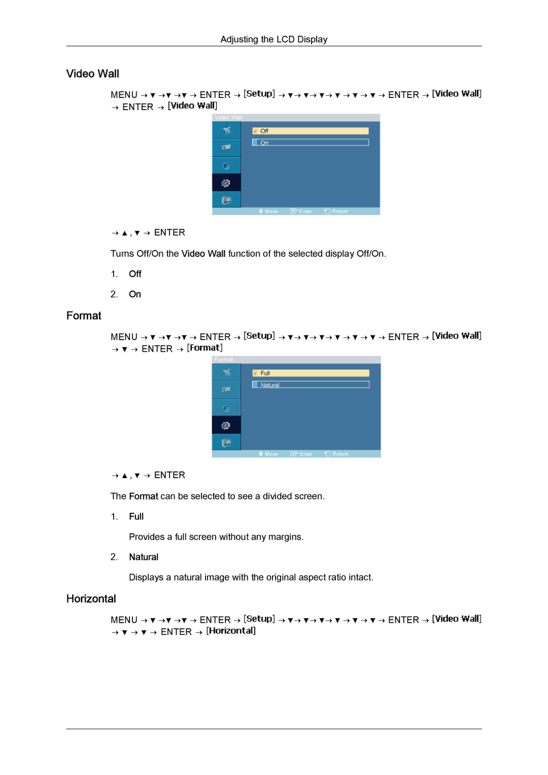 Samsung LH40MGQLBC/EN, LH40MGUMBC/EN, LH46MGUMBC/EN, LH40MGULBC/EN manual Format, Horizontal, Full, Natural, → → → Enter → 