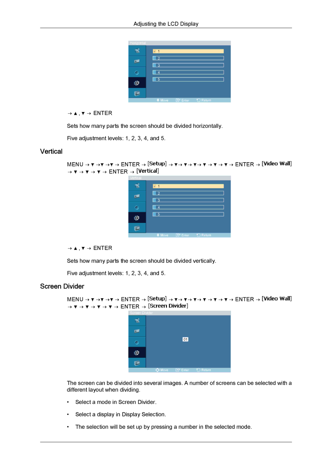 Samsung LH46MGQLBC/EN, LH40MGUMBC/EN, LH46MGUMBC/EN, LH40MGULBC/EN, LH46MGQPBC/EN Vertical, Screen Divider, → → → → Enter → 