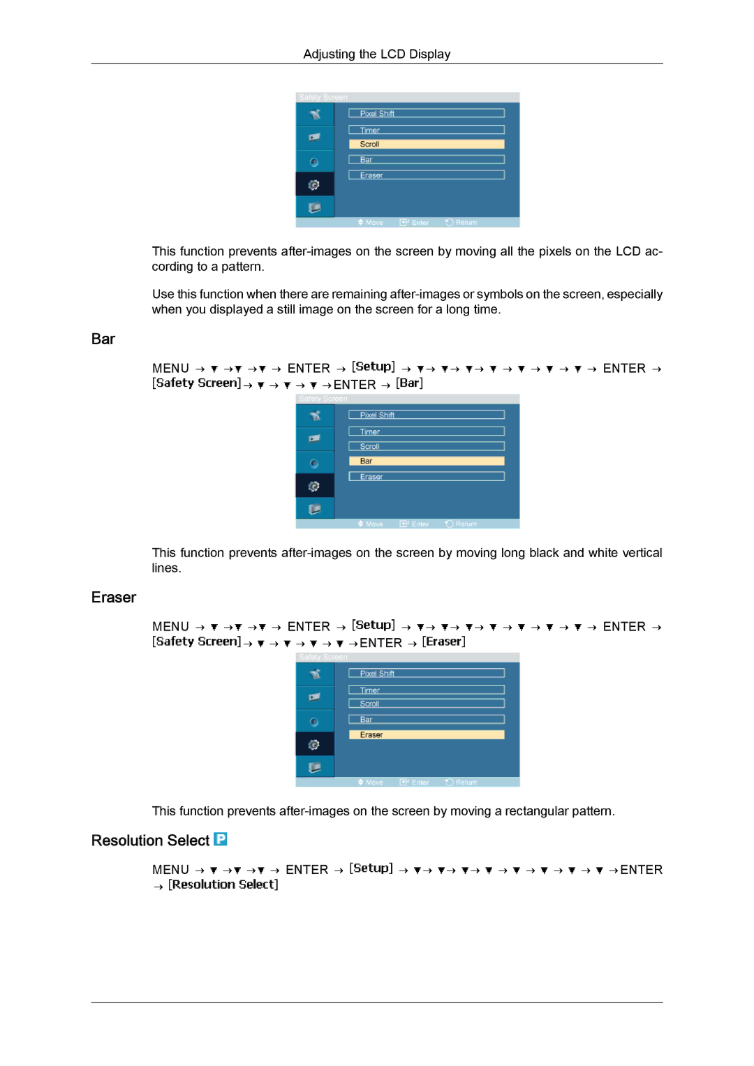 Samsung LH40MGQLBC/XY manual Bar, Eraser, Resolution Select, Menu → → → → Enter → → → → → → → → → Enter → → → → →ENTER → 