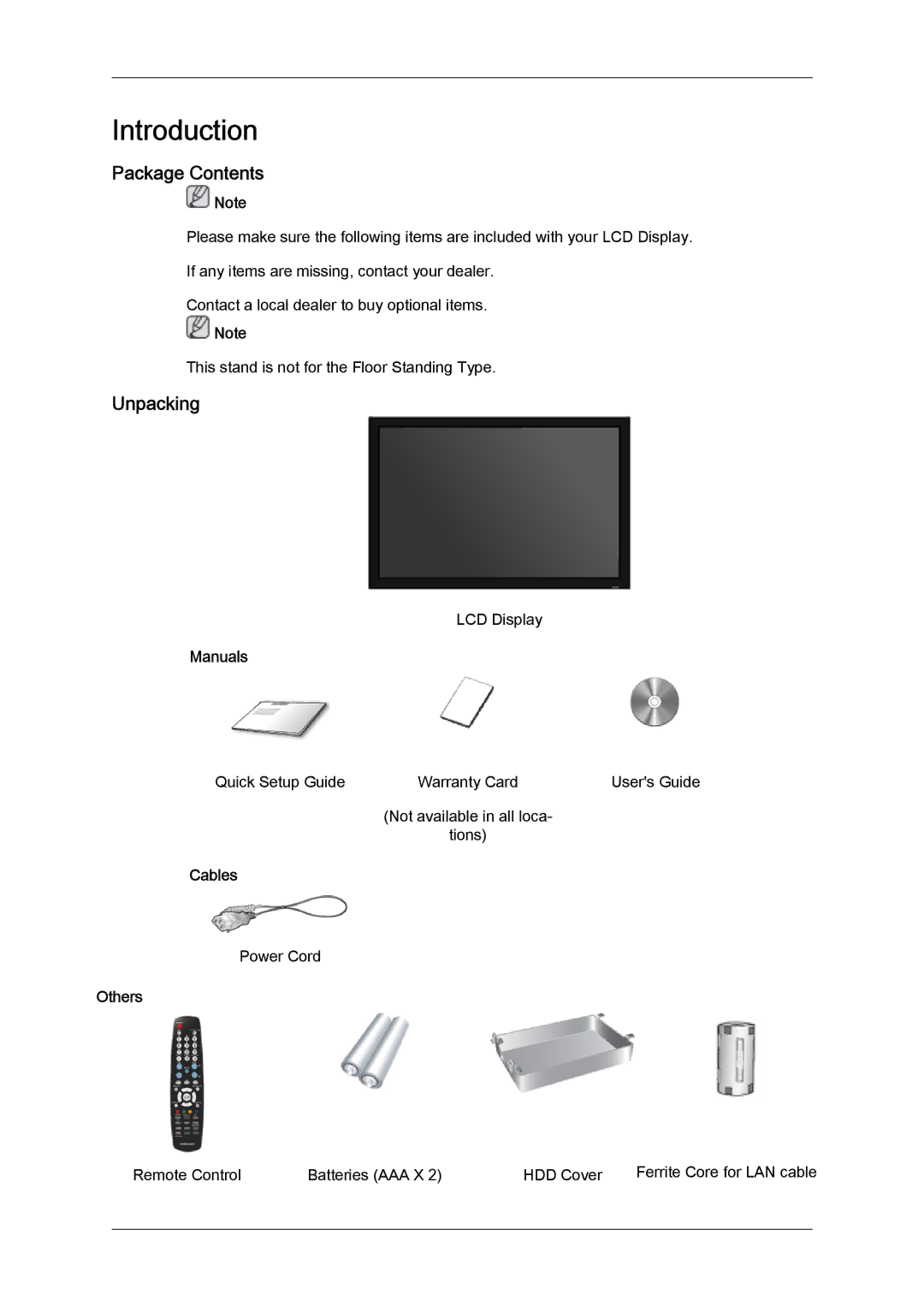 Samsung LH40MGQLBC/XY, LH40MGUMBC/EN, LH46MGUMBC/EN, LH40MGULBC/EN, LH46MGQPBC/EN, LH40MGQLBC/EN Package Contents, Unpacking 