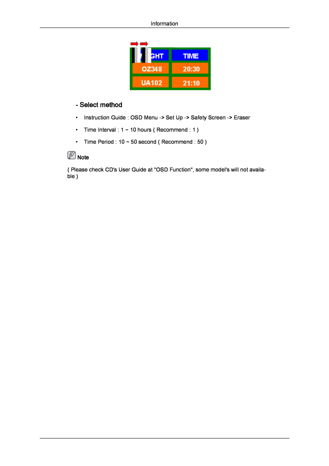 Samsung LH40MGULBC/ZB manual Select method, Information, Instruction Guide OSD Menu - Set Up - Safety Screen - Eraser 