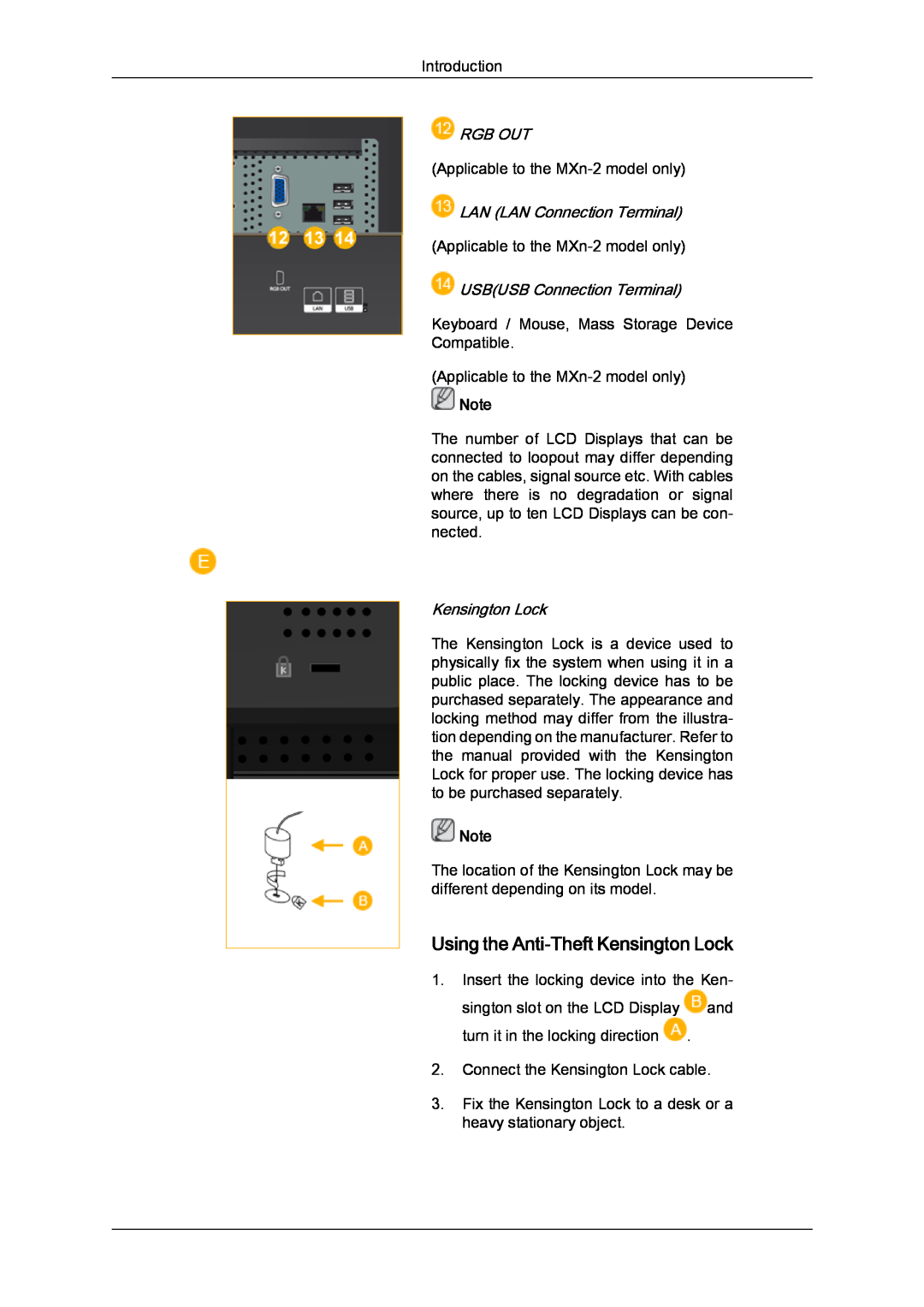 Samsung LH40MGULBC/XY, LH40MGUMBC/EN manual Using the Anti-Theft Kensington Lock, Rgb Out, LAN LAN Connection Terminal 