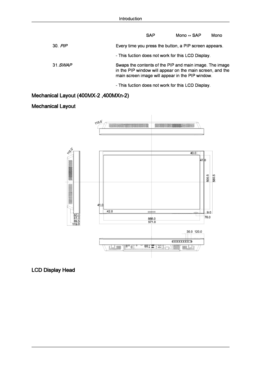 Samsung LH40MGQLBC/XV, LH40MGUMBC/EN manual Mechanical Layout 400MX-2 ,400MXn-2 Mechanical Layout, LCD Display Head, Swap 