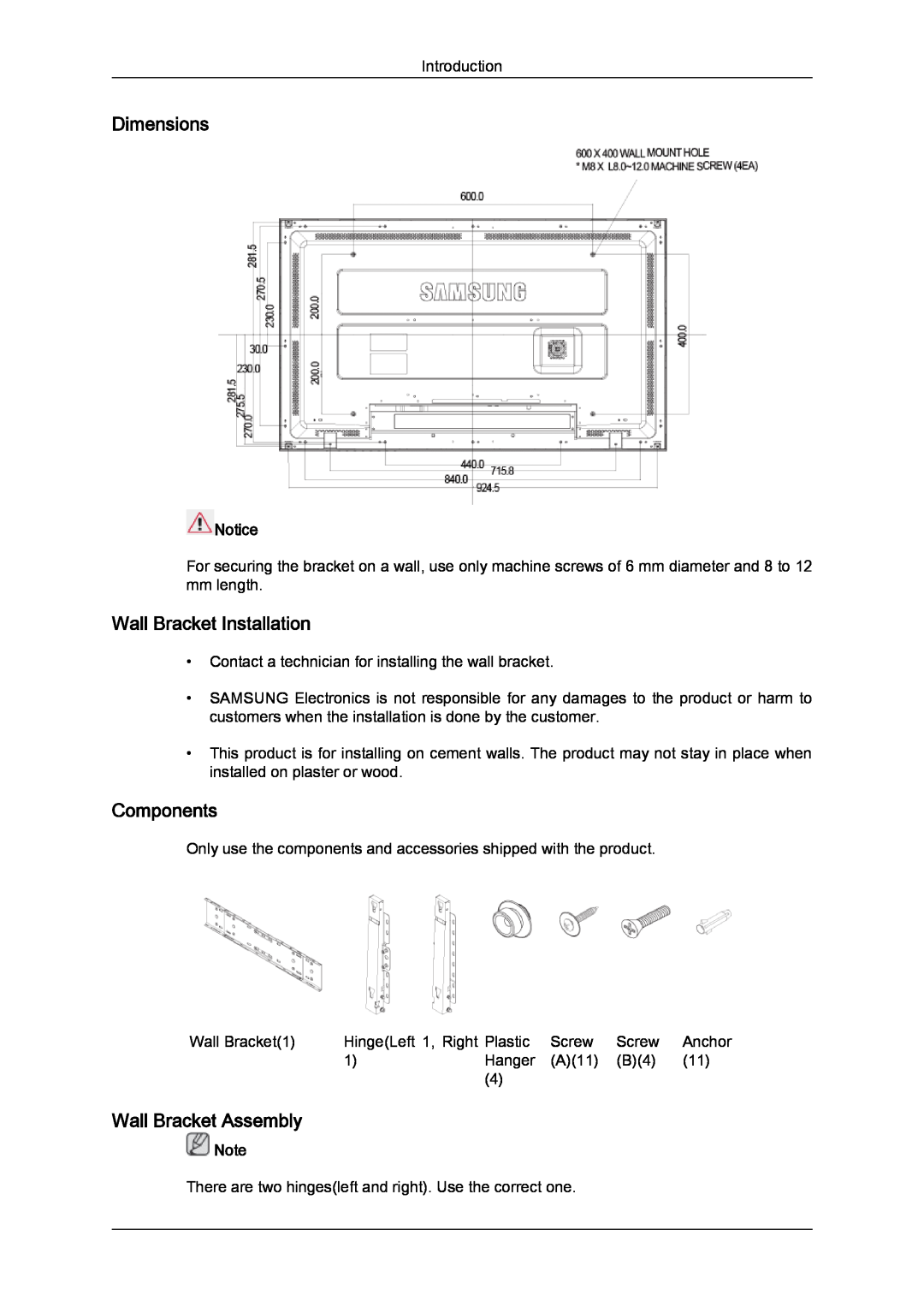 Samsung LH40MGUMBC/EN, LH46MGUMBC/EN manual Dimensions, Wall Bracket Installation, Components, Wall Bracket Assembly 