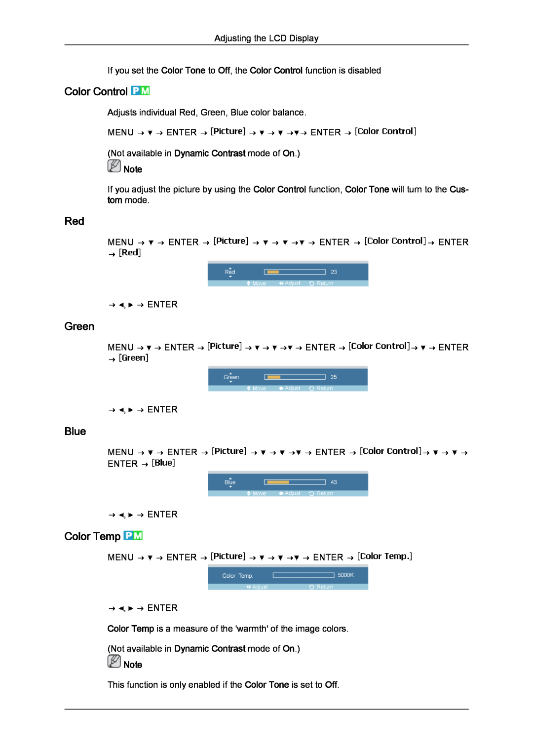 Samsung LH40MGULBC/ZB, LH40MGUMBC/EN Color Control, Green, Blue, Color Temp, Menu → → Enter → → → → → Enter → → → Enter → 