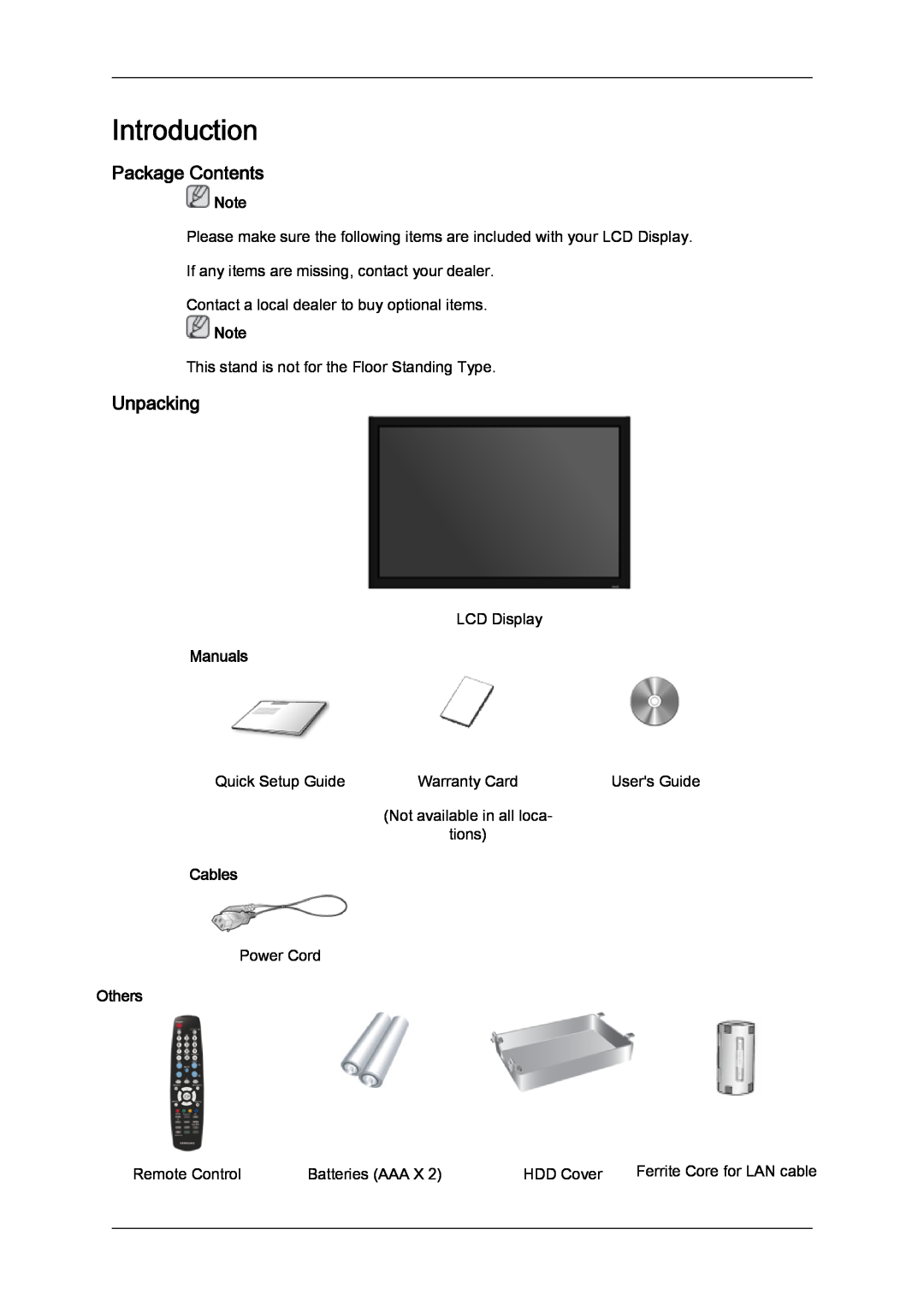 Samsung LH40MGQLBC/XY, LH40MGUMBC/EN, LH46MGUMBC/EN manual Introduction, Package Contents, Unpacking, Manuals, Cables, Others 