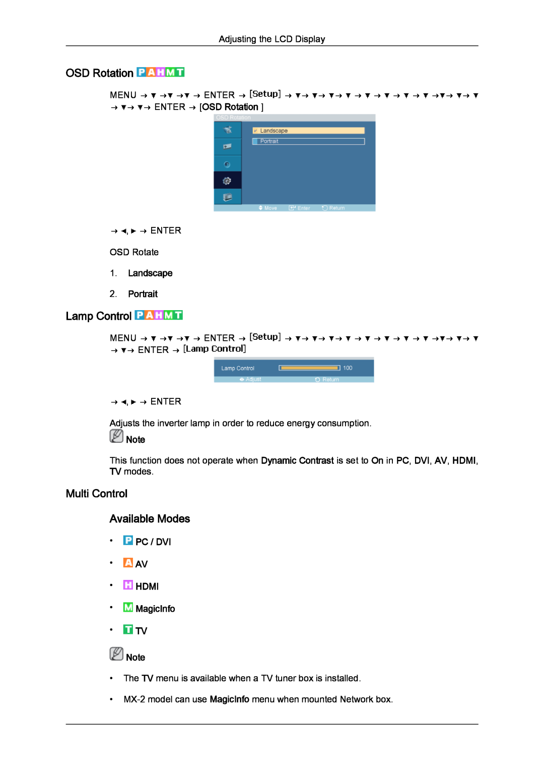 Samsung LH46MGQLBC/XY Lamp Control, Multi Control Available Modes, →→ → ENTER → OSD Rotation, Landscape 2. Portrait 