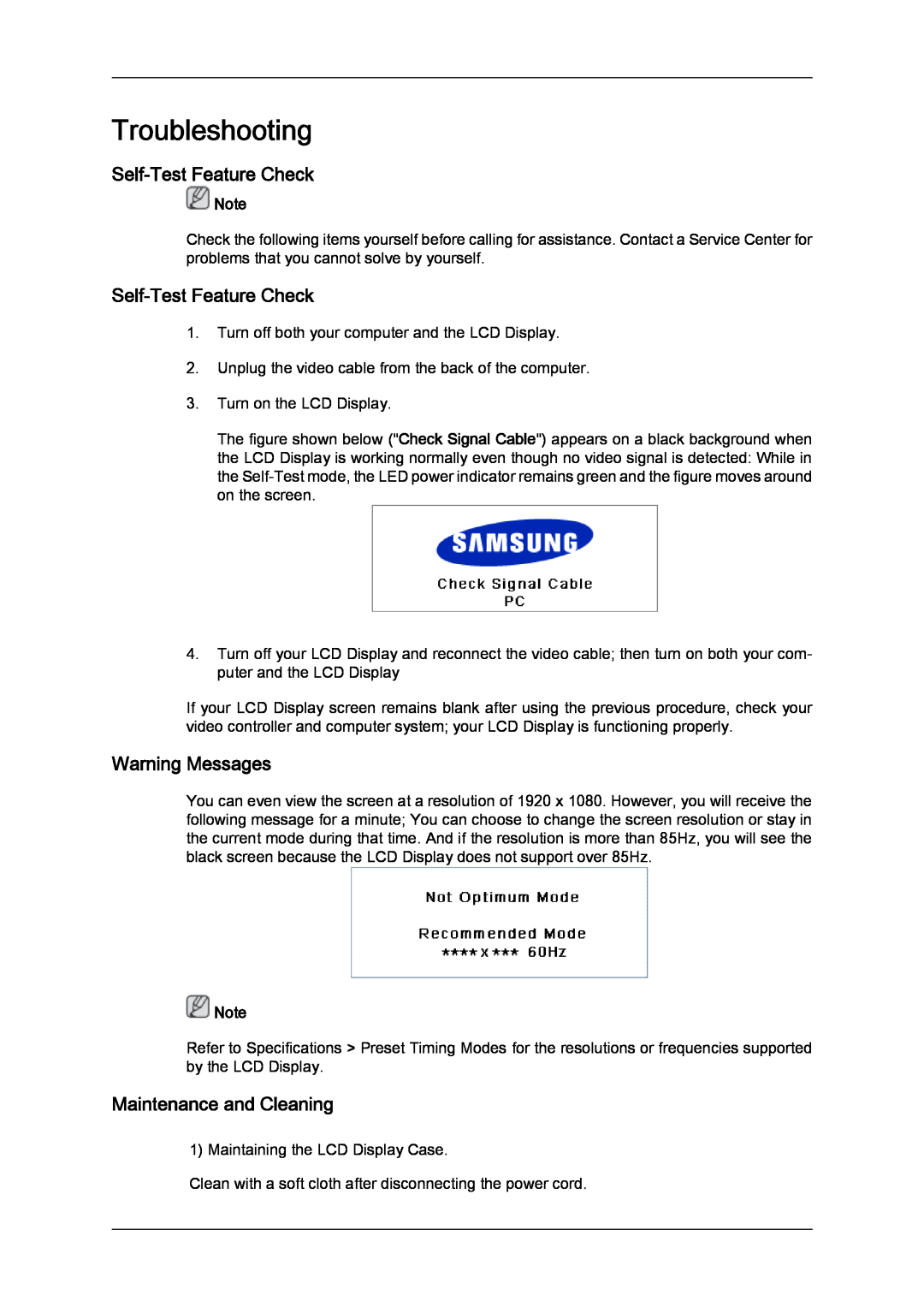 Samsung LH40MGULBC/XY, LH40MGUMBC/EN Troubleshooting, Self-Test Feature Check, Warning Messages, Maintenance and Cleaning 