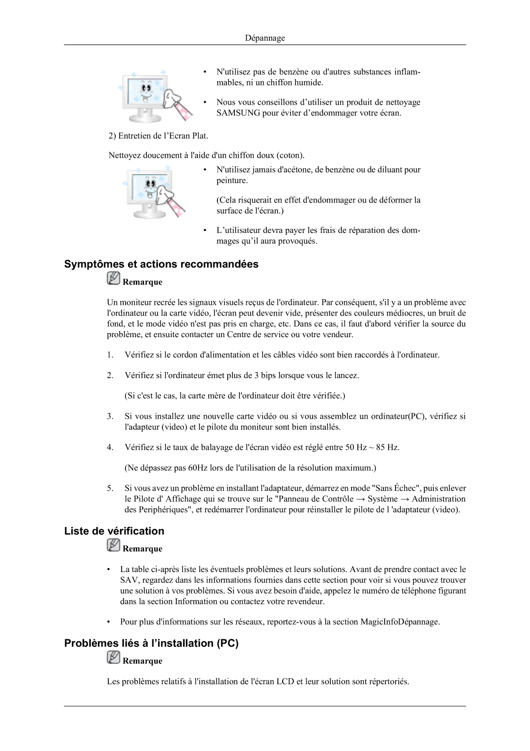 Samsung LH40MGFLBC/EN manual PSWPHVHWDFWLRQVUHFRPPDQGpHV, LVWHGHYpULILFDWLRQ, 3UREOqPHVOLpVjO¶LQVWDOODWLRQ3& 