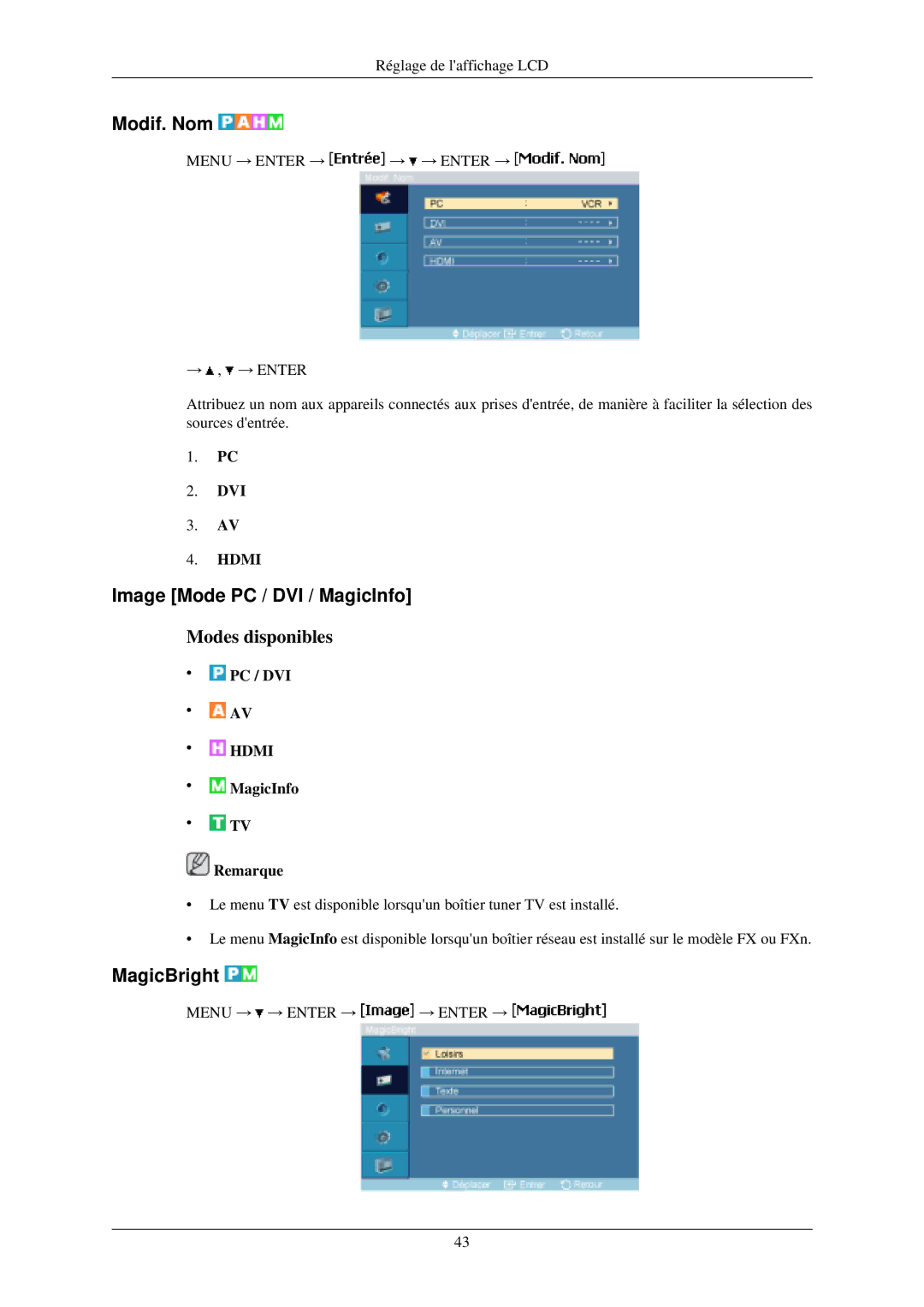 Samsung LH40MGFLBC/EN, LH40MGZLBC/EN manual Modif. Nom, Image Mode PC / DVI / MagicInfo, MagicBright 