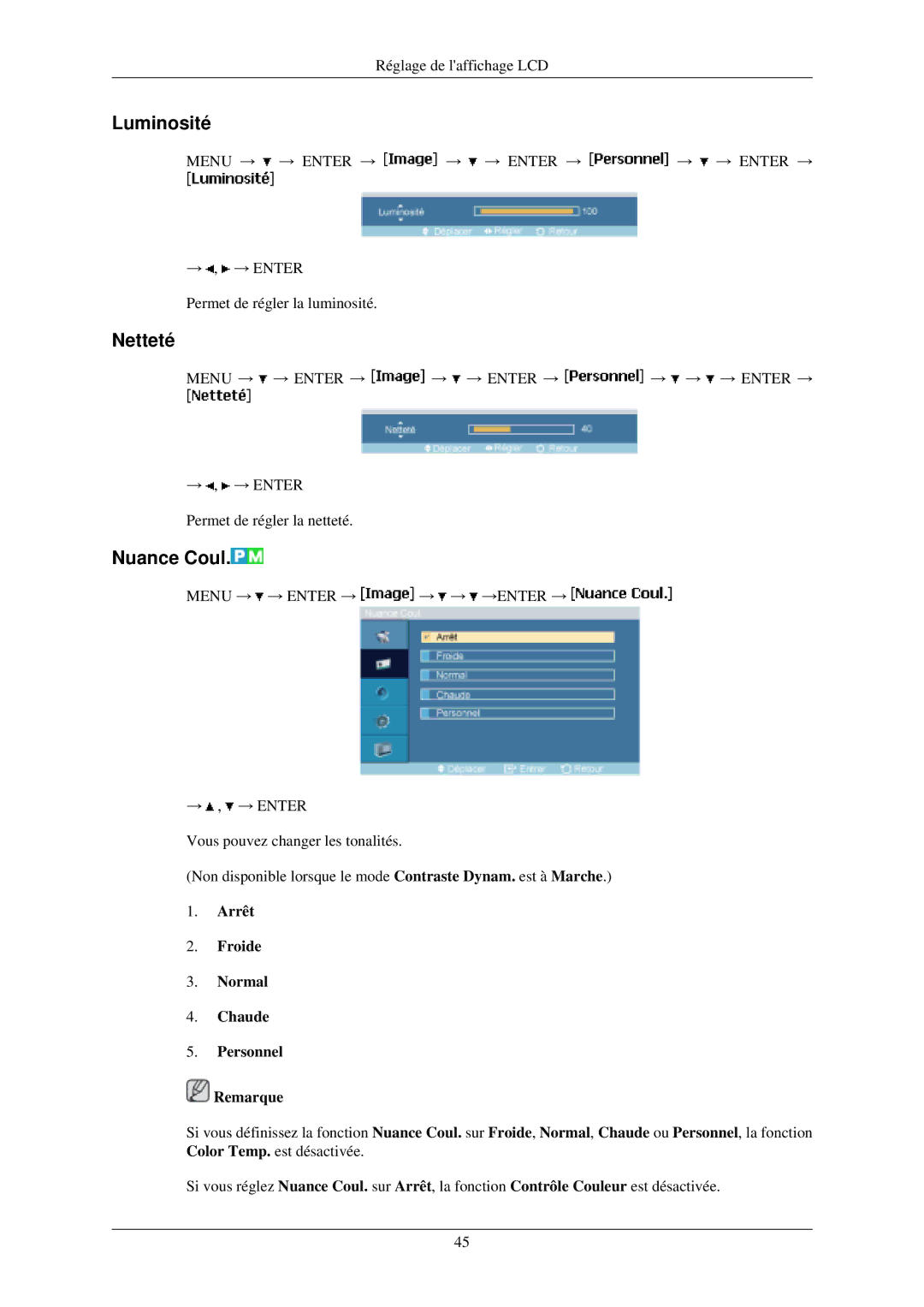 Samsung LH40MGFLBC/EN, LH40MGZLBC/EN manual Luminosité, Netteté, Nuance Coul, Arrêt Froide Normal Chaude Personnel Remarque 