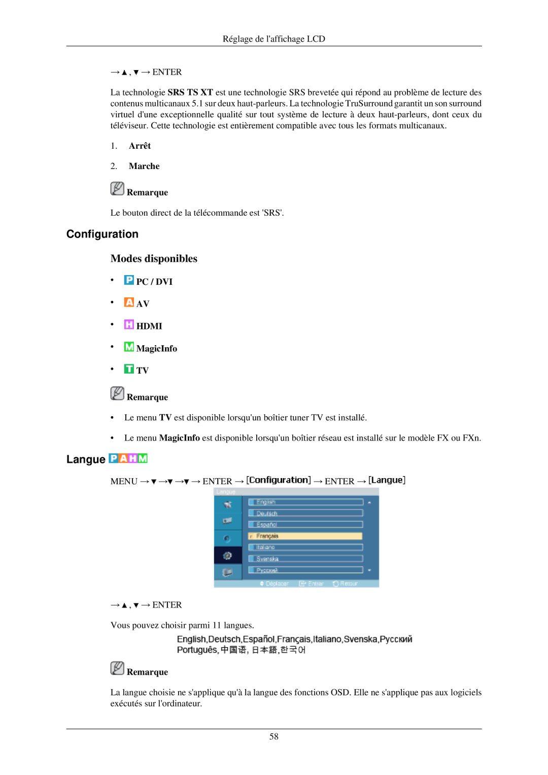 Samsung LH40MGZLBC/EN, LH40MGFLBC/EN manual Configuration, Langue, Arrêt Marche Remarque 