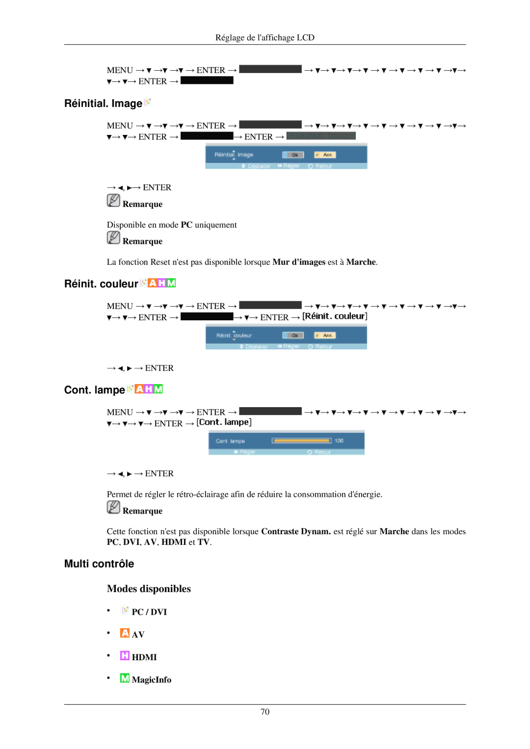 Samsung LH40MGZLBC/EN, LH40MGFLBC/EN manual Réinitial. Image, Réinit. couleur, Cont. lampe, Multi contrôle 
